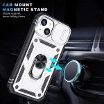 Wholesale Heavy Duty Tech Armor Ring Stand Lens Cover Grip Case with Metal Plate for iPhone 14 [6.1] (White)