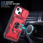 Wholesale Heavy Duty Tech Armor Ring Stand Lens Cover Grip Case with Metal Plate for iPhone 14  Plus [6.7] (Red)