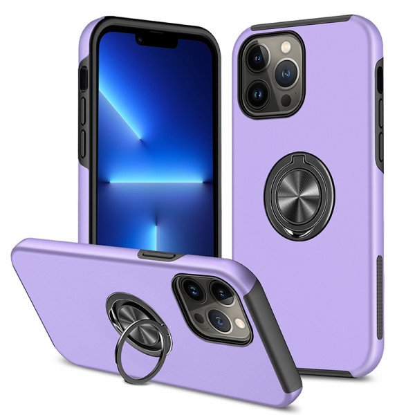 Wholesale Glossy Dual Layer Armor Hybrid Stand Metal Plate Flat Ring Case for iPhone 14 Pro Max [6.7] (Purple)