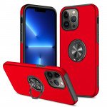 Wholesale Glossy Dual Layer Armor Hybrid Stand Metal Plate Flat Ring Case for iPhone 14 Pro Max [6.7] (Red)