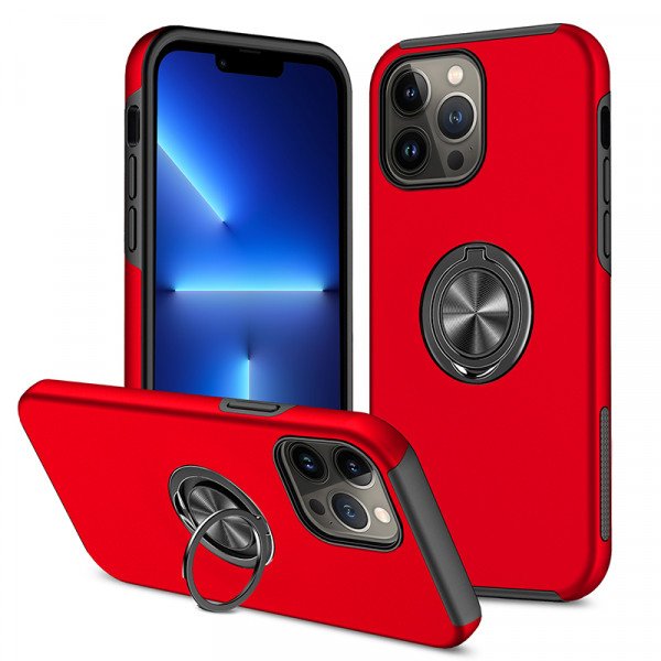 Wholesale Glossy Dual Layer Armor Hybrid Stand Metal Plate Flat Ring Case for iPhone 14 Pro [6.1] (Red)