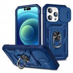 Wholesale Heavy Duty Tech Armor Ring Stand Lens Cover Grip Case with Metal Plate for Apple iPhone 14 Pro [6.1] (Navy Blue)