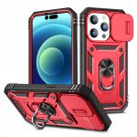 Wholesale Heavy Duty Tech Armor Ring Stand Lens Cover Grip Case with Metal Plate for iPhone 14 Pro [6.1] (Red)