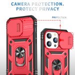 Wholesale Heavy Duty Tech Armor Ring Stand Lens Cover Grip Case with Metal Plate for Apple iPhone 14 Pro [6.1] (Red)