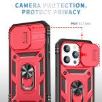 Wholesale Heavy Duty Tech Armor Ring Stand Lens Cover Grip Case with Metal Plate for iPhone 14 Pro [6.1] (Red)