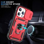 Wholesale Heavy Duty Tech Armor Ring Stand Lens Cover Grip Case with Metal Plate for iPhone 14 Pro [6.1] (Red)