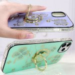 Wholesale Shiny Diamond Bumper Edge Lucky Clover Ring Stand Grip Cover Case for iPhone 14 Pro Max 6.7 (Black)