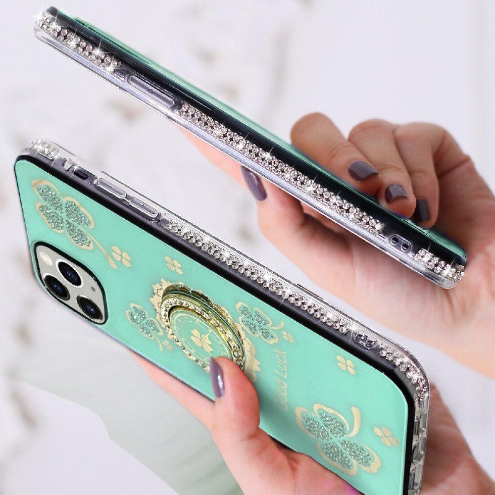 Wholesale Shiny Diamond Bumper Edge Lucky Clover Ring Stand Grip Cover Case  for iPhone 14 Pro