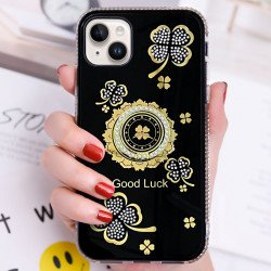 Shiny Diamond Bumper Edge Lucky Clover Ring Stand Grip Cover Case for iPhone 14 Pro Max 6.7 (Black)