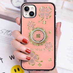 Shiny Diamond Bumper Edge Lucky Clover Ring Stand Grip Cover Case for iPhone 14 Pro Max 6.7 (Pink)