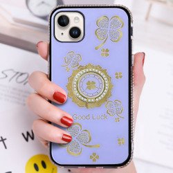 Shiny Diamond Bumper Edge Lucky Clover Ring Stand Grip Cover Case for iPhone 14 Pro Max 6.7 (Purple)