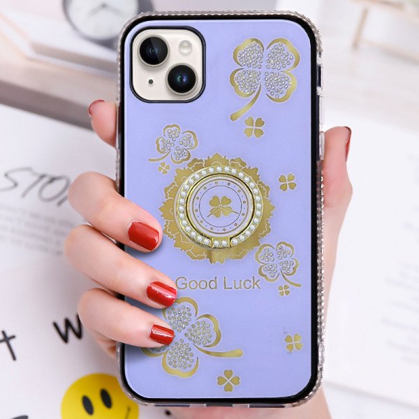 Wholesale Shiny Diamond Bumper Edge Lucky Clover Ring Stand Grip Cover Case for iPhone 14 Pro Max 6.7 (Purple)