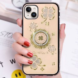Shiny Diamond Bumper Edge Lucky Clover Ring Stand Grip Cover Case for iPhone 14 Pro Max 6.7 (Rose Gold)