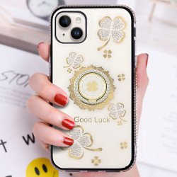 Shiny Diamond Bumper Edge Lucky Clover Ring Stand Grip Cover Case for iPhone 14 Pro Max 6.7 (White)