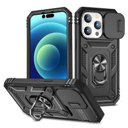 Heavy Duty Tech Armor Ring Stand Lens Cover Grip Case with Metal Plate for iPhone 14 Pro Max [6.7] (Black)