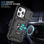 Wholesale Heavy Duty Tech Armor Ring Stand Lens Cover Grip Case with Metal Plate for iPhone 14 Pro Max [6.7] (Black)