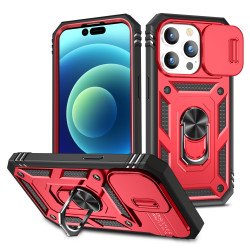 Heavy Duty Tech Armor Ring Stand Lens Cover Grip Case with Metal Plate for iPhone 14 Pro Max [6.7] (Red)
