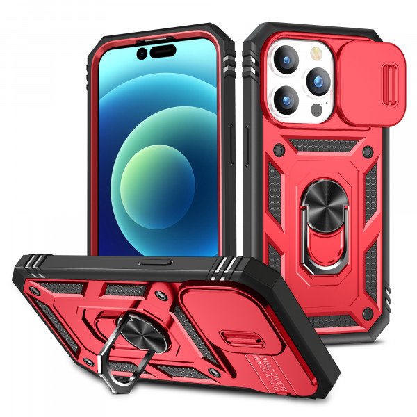 Wholesale Heavy Duty Tech Armor Ring Stand Lens Cover Grip Case with Metal Plate for iPhone 14 Pro Max [6.7] (Red)