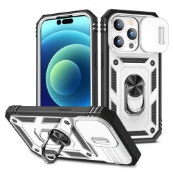 Heavy Duty Tech Armor Ring Stand Lens Cover Grip Case with Metal Plate for iPhone 14 Pro Max [6.7] (White)