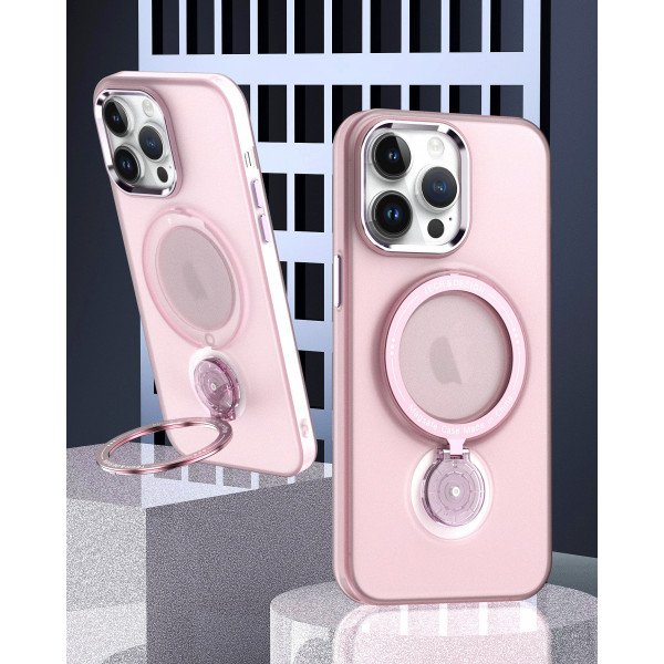 Wholesale Matte Finish Slim Transparent Chrome Button Magnetic Magsafe Circle 360 Kickstand Cover Case for iPhone 14 Pro Max 6.7 (Pink)