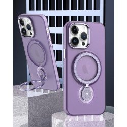 Matte Finish Slim Transparent Chrome Button Magnetic Magsafe Circle 360 Kickstand Cover Case for iPhone 14 Pro Max 6.7 (Purple)