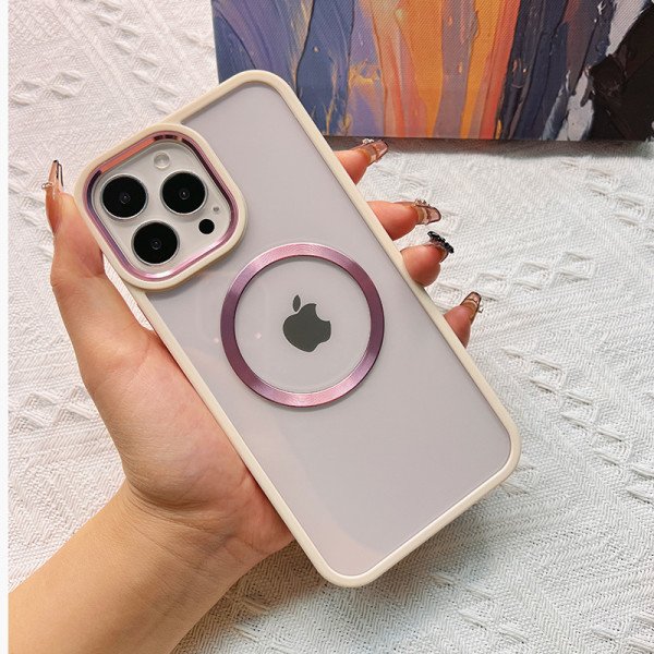 Wholesale Transparent Chrome Button Magnetic Magsafe Circle Corner Protection Cover Case for iPhone 14 Pro 6.1 (Pink)
