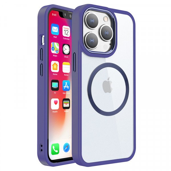 Wholesale Transparent Chrome Button Magnetic Magsafe Circle Corner Protection Cover Case for iPhone 13 Pro Max (Purple)