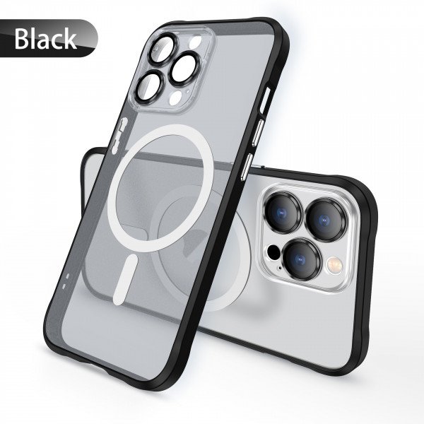 Wholesale Transparent Slim Matte Chrome Button Magnetic Ring Charging Cover Case With Built-in Camera Lens Cover for iPhone 14 Pro Max 6.7 (Black)
