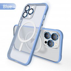 Transparent Slim Matte Chrome Button Magnetic Ring Charging Cover Case With Built-in Camera Lens Cover for iPhone 14 Pro Max 6.7 (Blue)