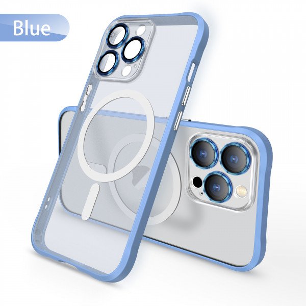 Wholesale Transparent Slim Matte Chrome Button Magnetic Ring Charging Cover Case With Built-in Camera Lens Cover for iPhone 13 Pro Max (Blue)