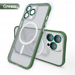 Transparent Slim Matte Chrome Button Magnetic Ring Charging Cover Case With Built-in Camera Lens Cover for iPhone 14 Pro Max 6.7 (Green)