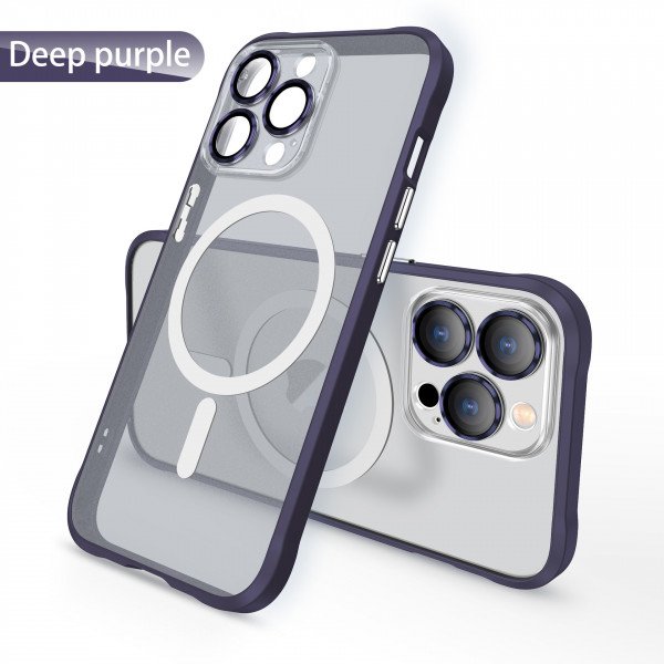 Wholesale Transparent Slim Matte Chrome Button Magnetic Ring Charging Cover Case With Built-in Camera Lens Cover for iPhone 14 Pro Max 6.7 (Purple)