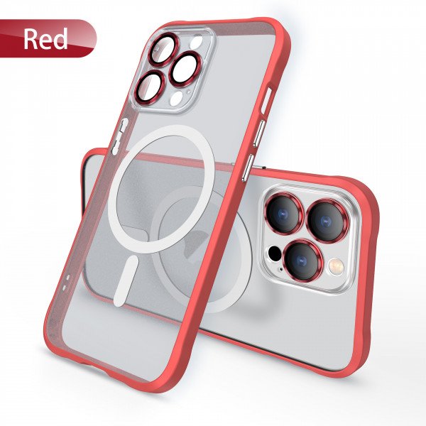 Wholesale Transparent Slim Matte Chrome Button Magnetic Ring Charging Cover Case With Built-in Camera Lens Cover for iPhone 13 Pro Max (Red)