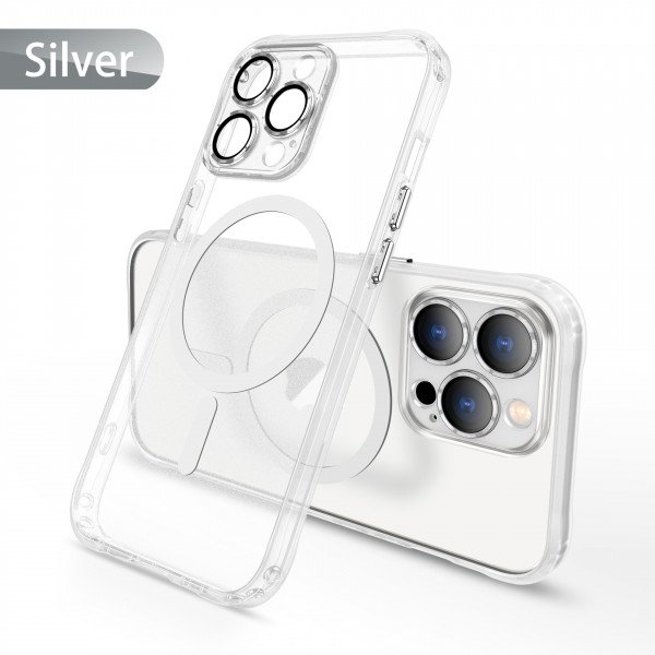Wholesale Transparent Slim Matte Chrome Button Magnetic Ring Charging Cover Case With Built-in Camera Lens Cover for iPhone 14 Pro Max 6.7 (Silver)