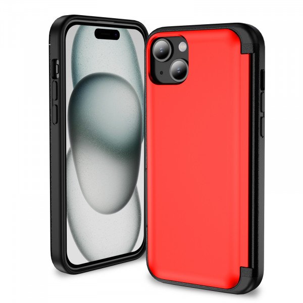 Wholesale Matte Finish Strong Armor Magnetic Clasp Card Holder Kickstand Hybrid Case for Apple iPhone 15 (Red)