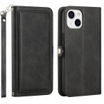 Wholesale Premium PU Leather Folio Wallet Front Cover Case with Card Holder Slots and Wrist Strap for Apple iPhone 15 Plus (Black)