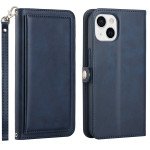 Wholesale Premium PU Leather Folio Wallet Front Cover Case with Card Holder Slots and Wrist Strap for Apple iPhone 15 Plus (Navy Blue)