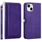 Premium PU Leather Folio Wallet Front Cover Case with Card Holder Slots and Wrist Strap for Apple iPhone 15 (Purple)