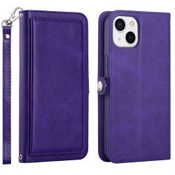 Premium PU Leather Folio Wallet Front Cover Case with Card Holder Slots and Wrist Strap for Apple iPhone 15 Plus (Purple)