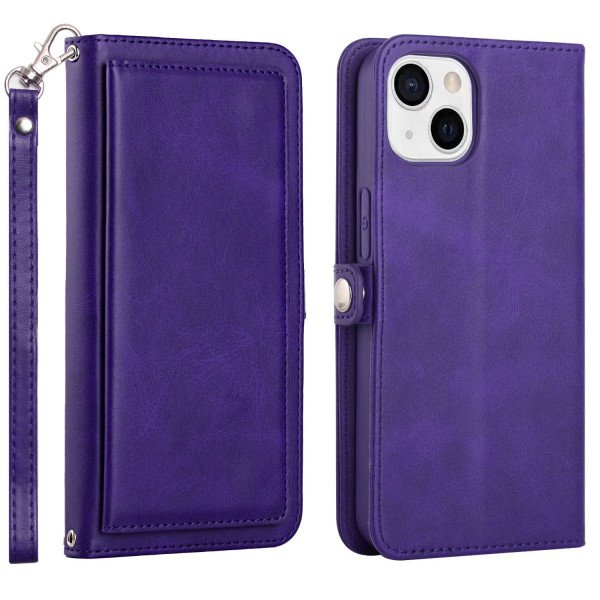 Wholesale Premium PU Leather Folio Wallet Front Cover Case with Card Holder Slots and Wrist Strap for Apple iPhone 15 Plus (Purple)