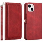 Premium PU Leather Folio Wallet Front Cover Case with Card Holder Slots and Wrist Strap for Apple iPhone 15 (Red)