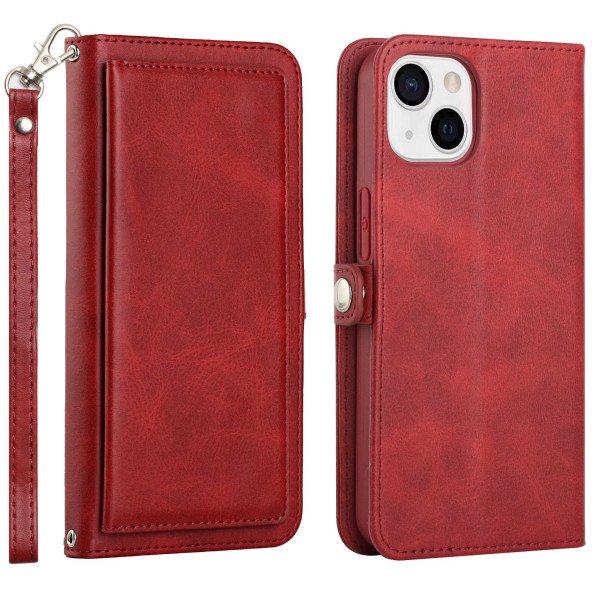 Wholesale Premium PU Leather Folio Wallet Front Cover Case with Card Holder Slots and Wrist Strap for Apple iPhone 15 Plus (Red)