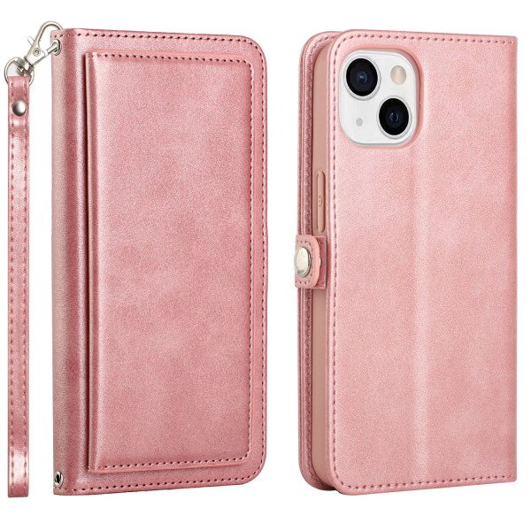 Wholesale Premium PU Leather Folio Wallet Front Cover Case with Card Holder Slots and Wrist Strap for Apple iPhone 15 Plus (Rose Gold)