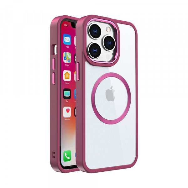 Wholesale Transparent Chrome Button Magnetic Magsafe Circle Corner Protection Cover Case for Apple iPhone 15 Pro (Hot Pink)