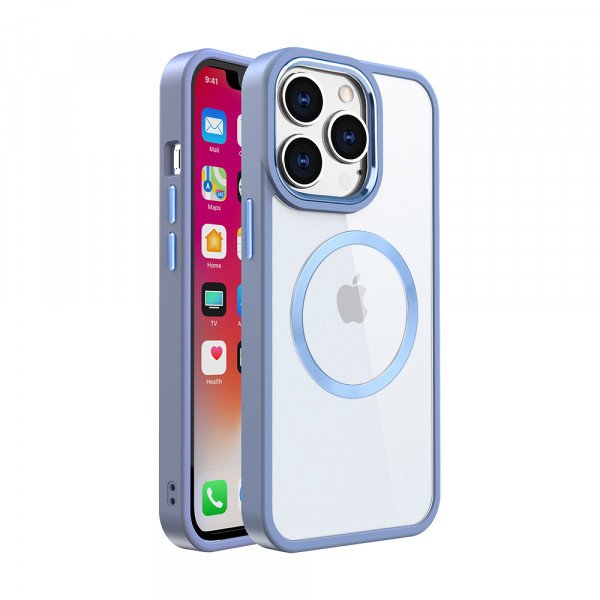 Wholesale Transparent Chrome Button Magnetic Magsafe Circle Corner Protection Cover Case for Apple iPhone 15 (Navy Blue)