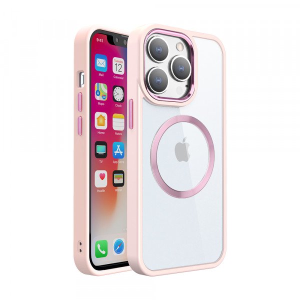 Wholesale Transparent Chrome Button Magnetic Magsafe Circle Corner Protection Cover Case for Apple iPhone 15 Pro (Rose Pink)