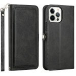 Premium PU Leather Folio Wallet Front Cover Case with Card Holder Slots and Wrist Strap for Apple iPhone 15 Pro Max (Black)