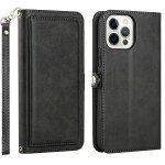 Wholesale Premium PU Leather Folio Wallet Front Cover Case with Card Holder Slots and Wrist Strap for Apple iPhone 15 Pro Max (Black)