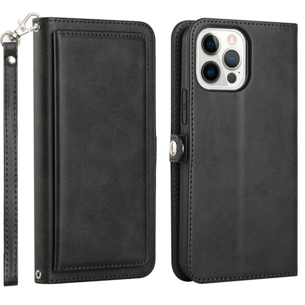 Wholesale Premium PU Leather Folio Wallet Front Cover Case with Card Holder Slots and Wrist Strap for Apple iPhone 15 Pro (Black)