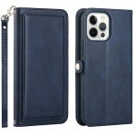 Premium PU Leather Folio Wallet Front Cover Case with Card Holder Slots and Wrist Strap for Apple iPhone 15 Pro Max (Navy Blue)